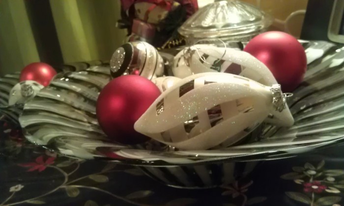 Christmas ornaments in a bowl