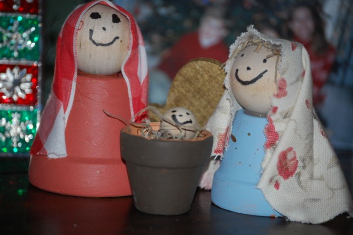 Homemade nativity with flower pots