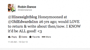 Tweet to @Hinessightblog about Old Edwards Inn